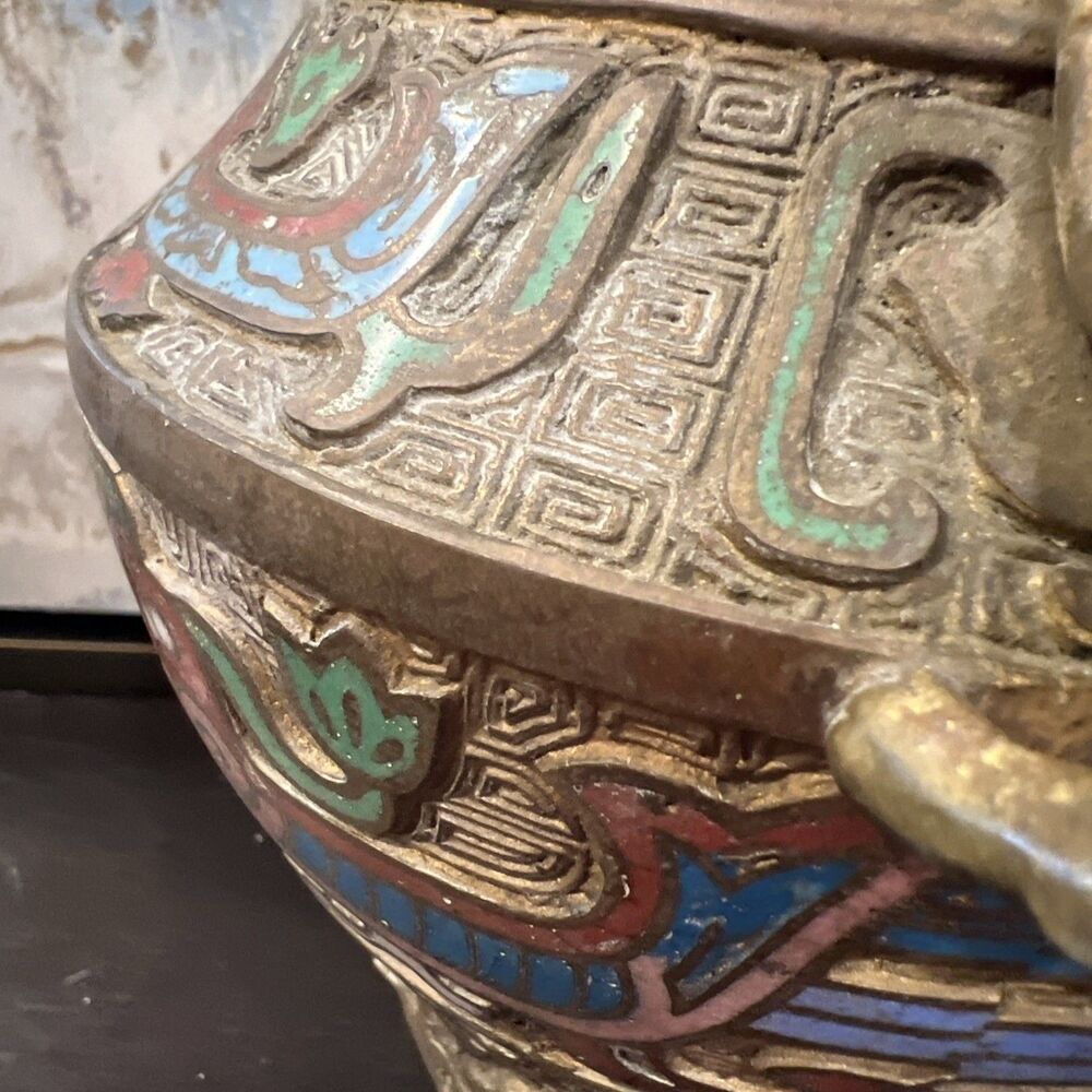 Qianlong Marked Copper Cloisonne Dragon Beast 2 Ear Incense Burner Censer - Picture 6 of 16